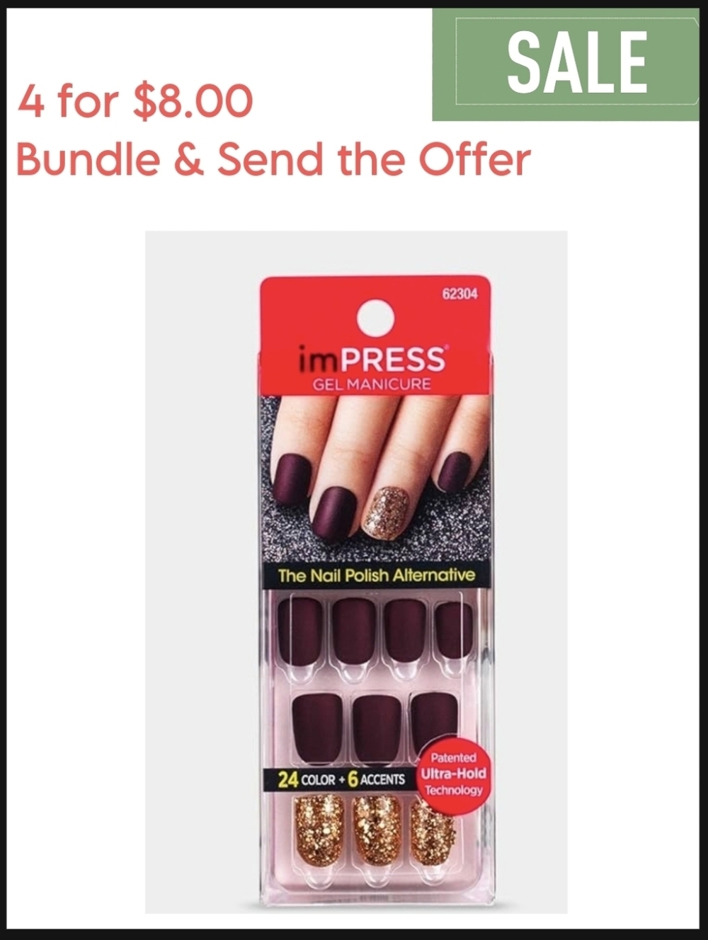 imPRESS Gel Press-On Nails in Burgundy with Gold Glitter Accents